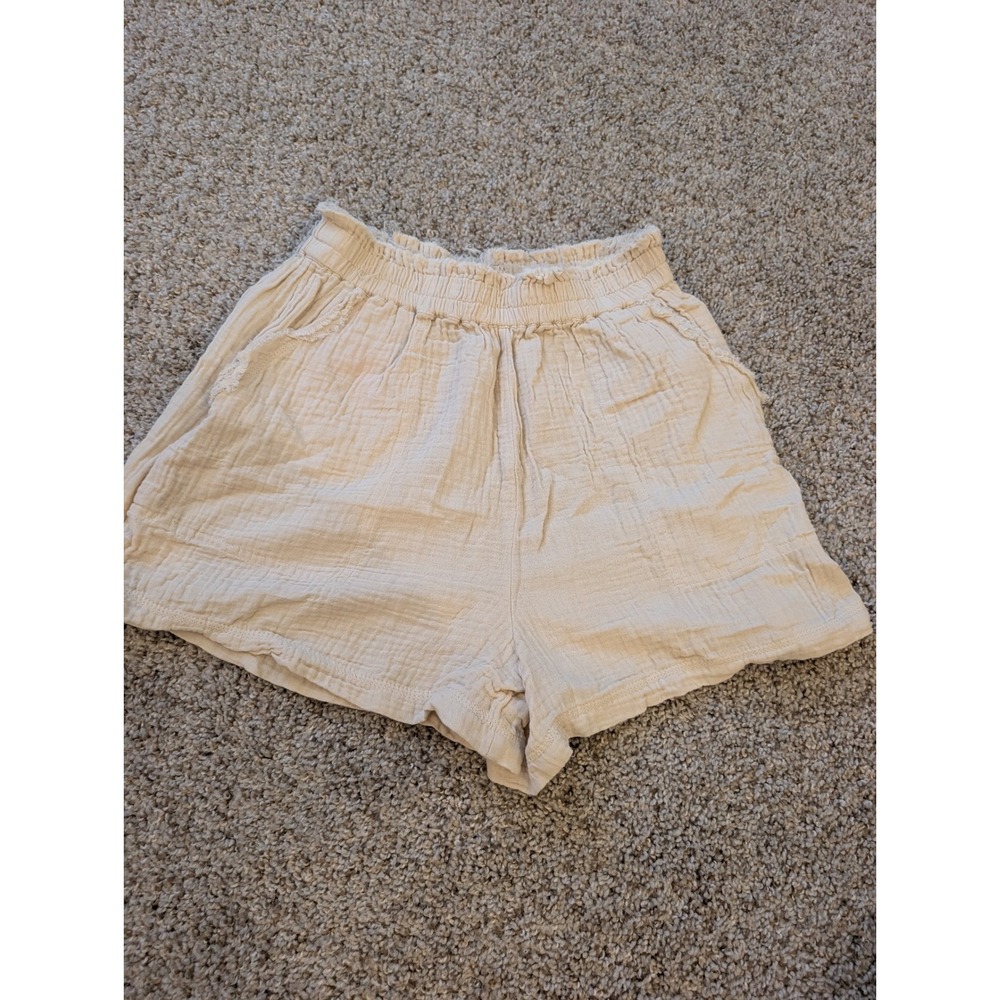 Aerie Women Beige Cotton Gauze Smocked High Waist Shorts Small P S/P Cream